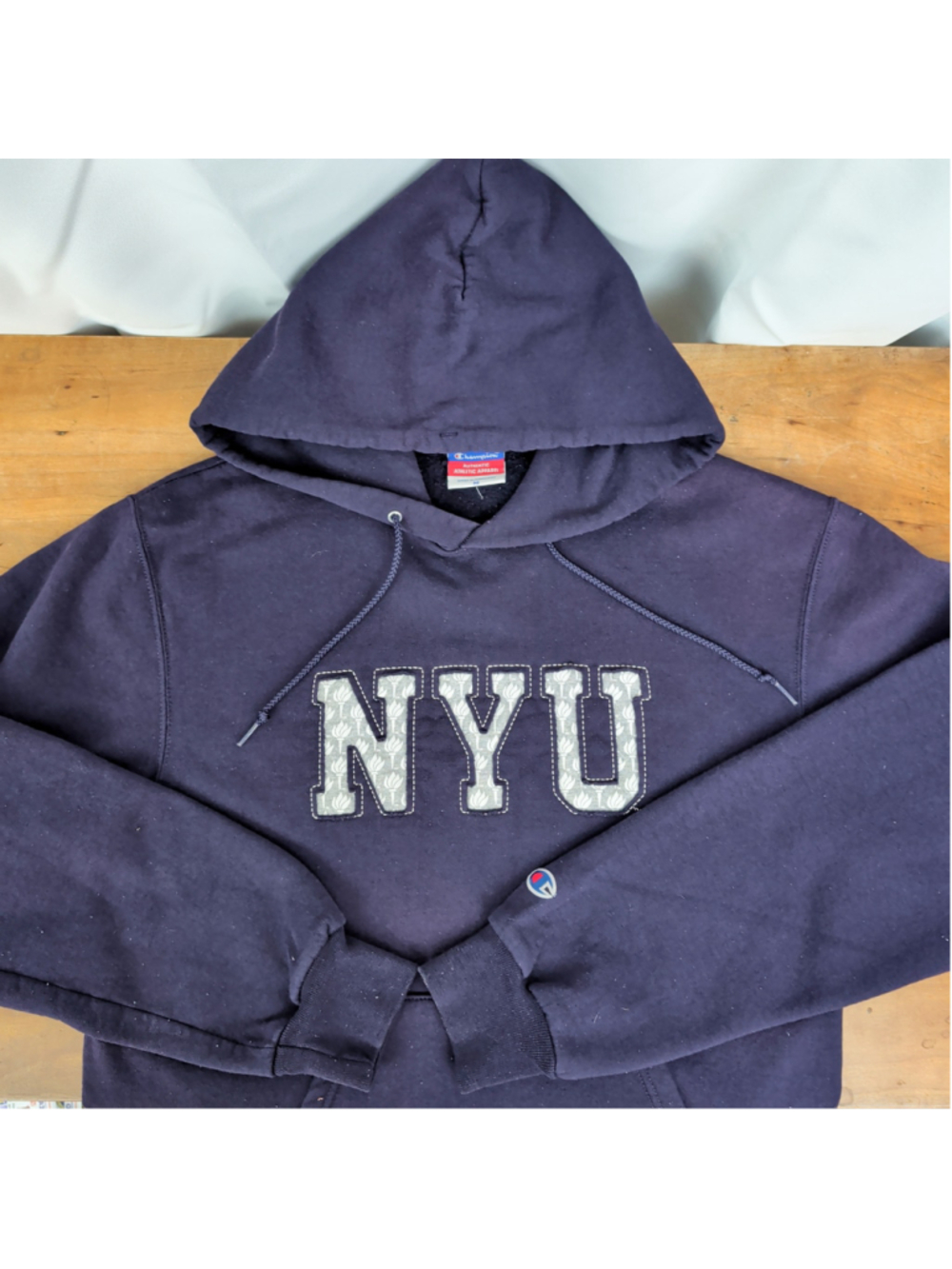 Vintage Champion NYU Torch Logo Purple Hoodie Medium